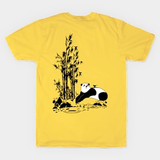 The Friendly Panda and Little Birds | Black Monochrome T-Shirt